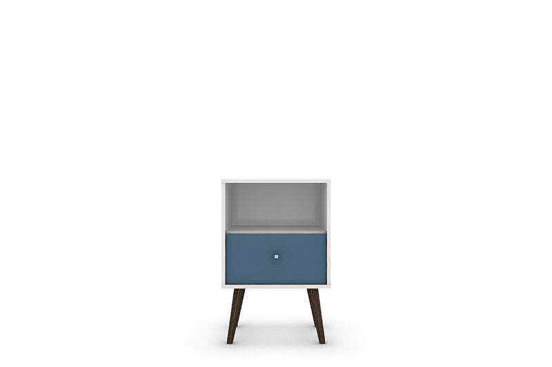 Liberty Mid-Century - Modern Nightstand 1.0 with 1 Cubby Space and 1 Drawer in White and Aqua Blue with Solid Wood Legs