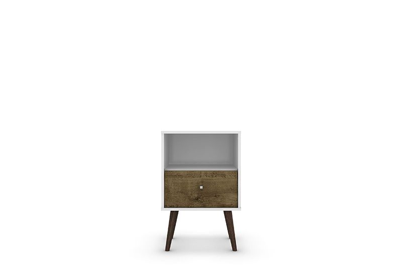 Liberty Mid-Century - Modern Nightstand 1.0 with 1 Cubby Space and 1 Drawer in White and Rustic Brown with Solid Wood Legs