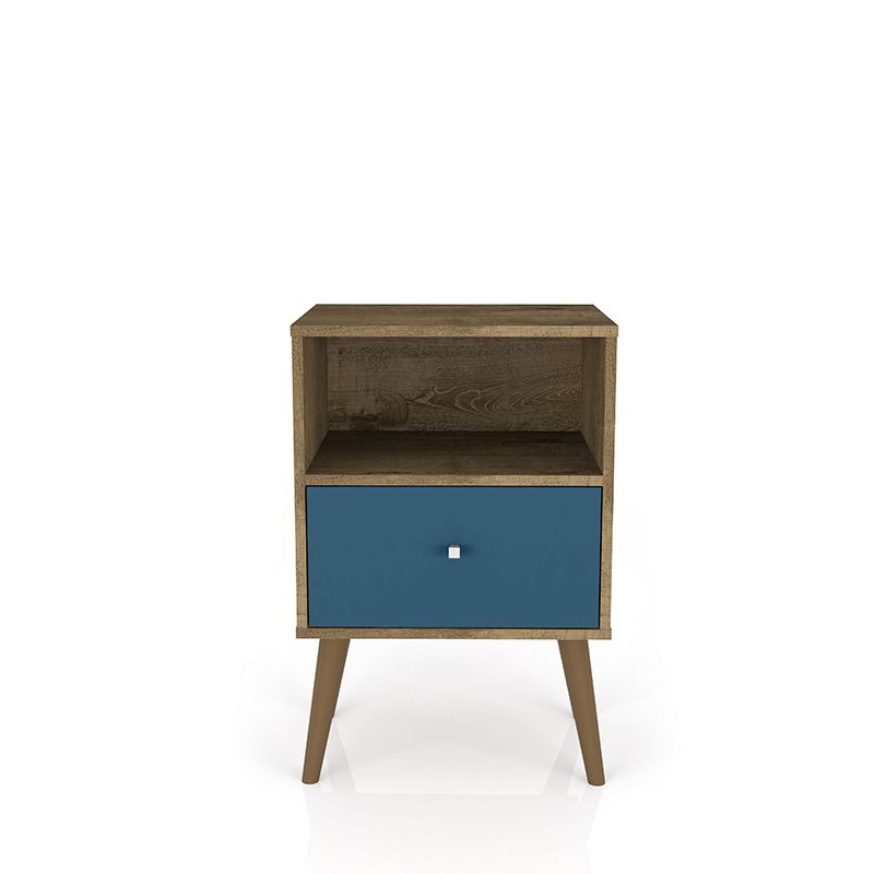 Liberty Mid-Century - Modern Nightstand 1.0 with 1 Cubby Space and 1 Drawer in Rustic Brown and Aqua Blue
