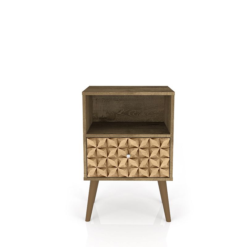 Liberty Mid-Century - Modern Nightstand 1.0 with 1 Cubby Space and 1 Drawer in Rustic Brown and 3D Brown Prints