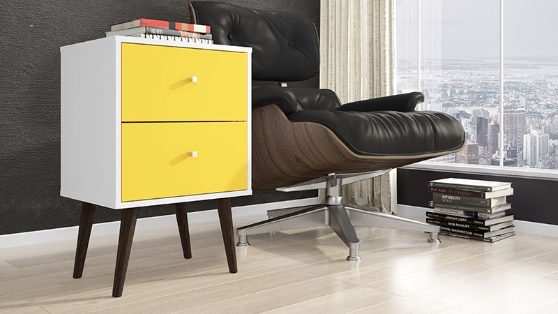 Liberty Mid-Century - Modern Nightstand 2.0 with 2 Full Extension Drawers in White and Yellow with Solid Wood Legs
