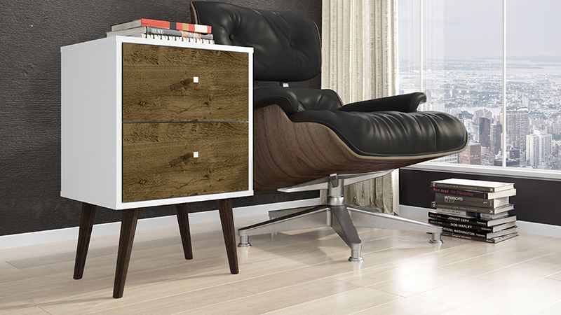 Liberty Mid-Century - Modern Nightstand 2.0 with 2 Full Extension Drawers in White and Rustic Brown with Solid Wood Legs
