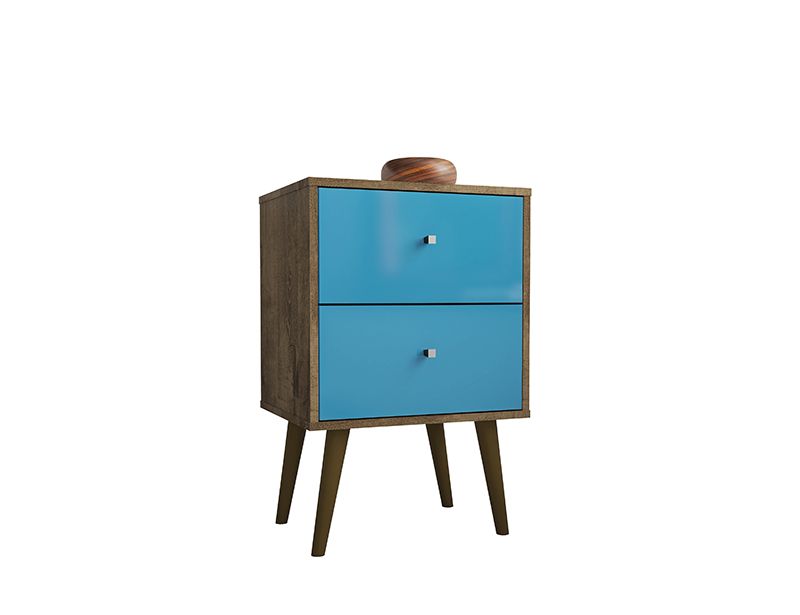 Liberty Mid-Century - Modern Nightstand 2.0 with 2 Full Extension Drawers in Rustic Brown and Aqua Blue