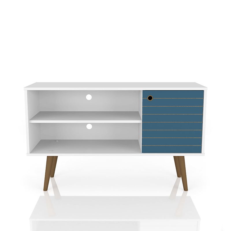 Liberty 42.52" Mid-Century - Modern TV Stand with 2 Shelves and 1 Door in White and Aqua Blue