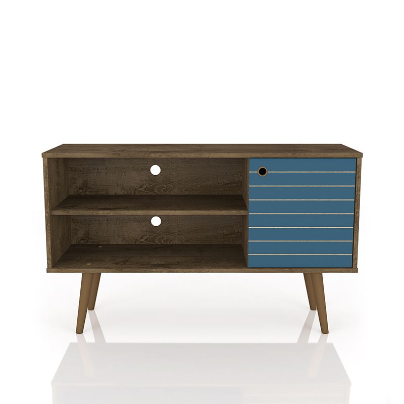 Liberty 42.52" Mid-Century - Modern TV Stand with 2 Shelves and 1 Door in Rustic Brown and Aqua Blue