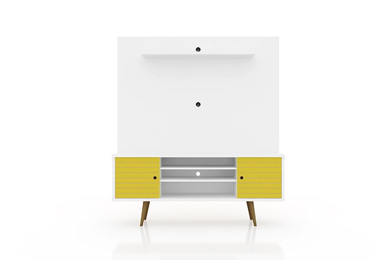 Liberty 63" Freestanding Entertainment Center with Overhead shelf in White and Yellow