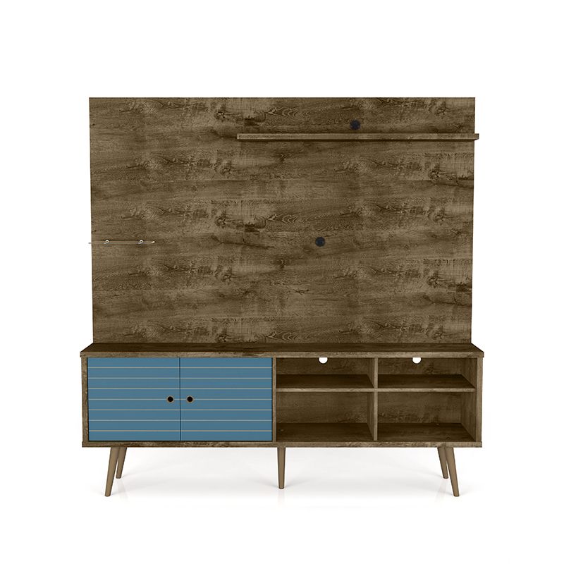 Liberty 70.87" Freestanding Entertainment Center with Overhead shelf in Rustic Brown and Aqua Blue