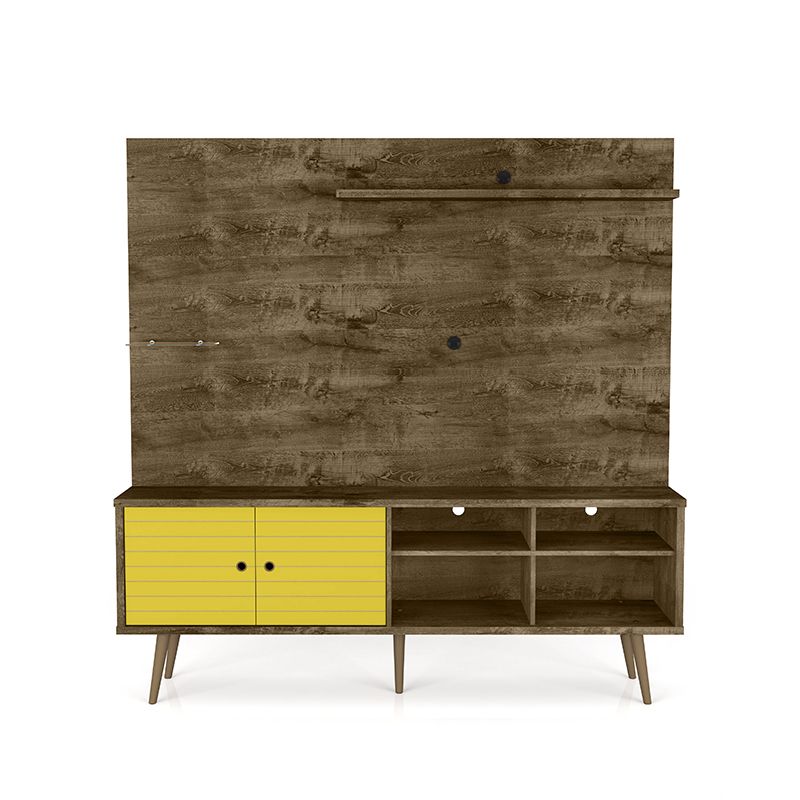 Liberty 70.87" Freestanding Entertainment Center with Overhead shelf in Rustic Brown and Yellow