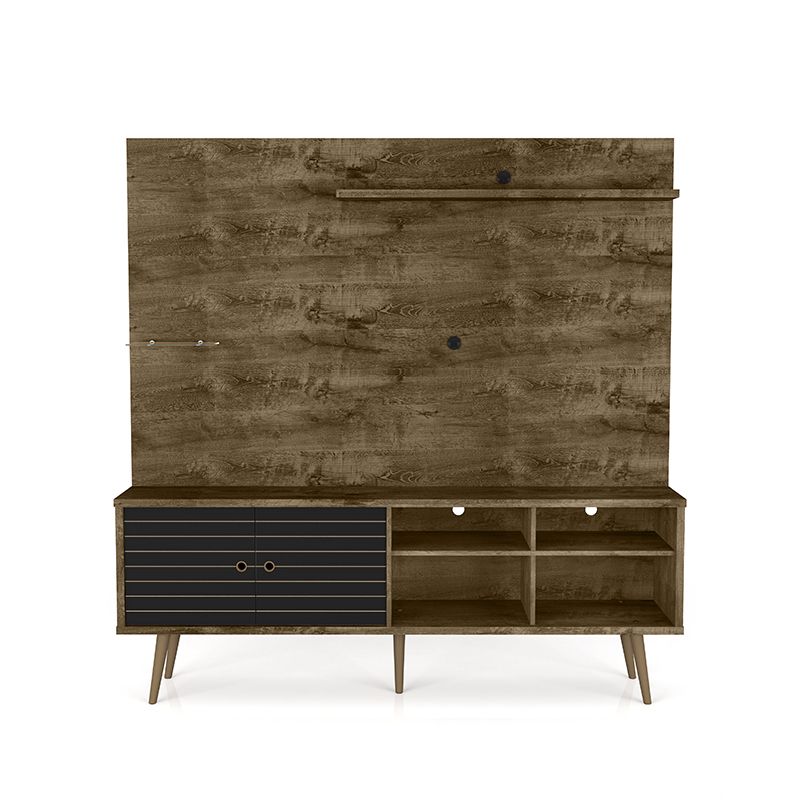 Liberty 70.87" Freestanding Entertainment Center with Overhead shelf in Rustic Brown and Matte Black