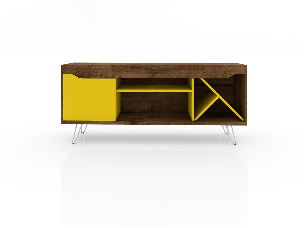 Baxter Mid-Century- Modern 53.54" TV Stand with Wine Rack in Rustic Brown and Yellow
