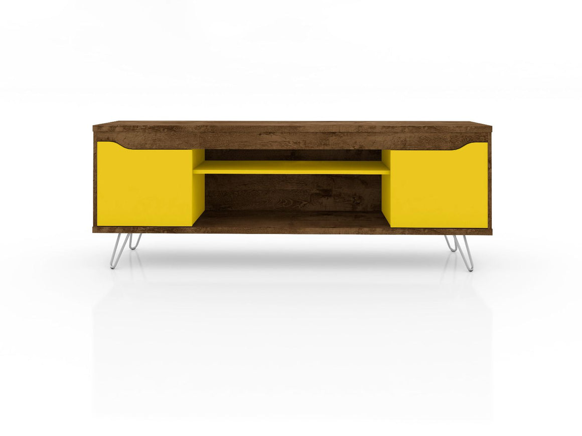 Baxter Mid-Century - Modern 62.99" TV Stand with 4 Shelves in Rustic Brown and Yellow