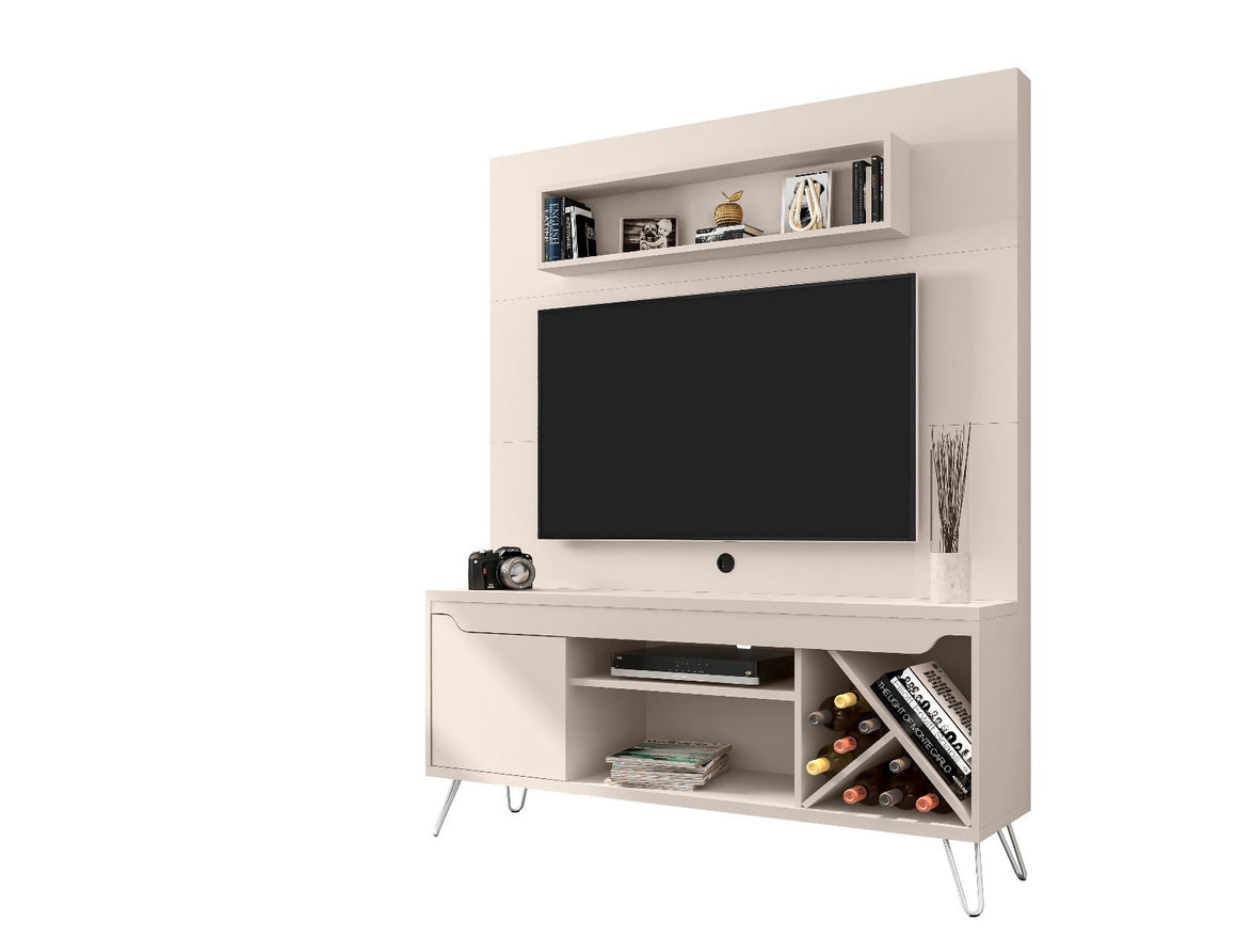 Baxter 53.54 Mid-Century Modern Freestanding Entertainment Center with Media Shelves and Wine Rack in Off White