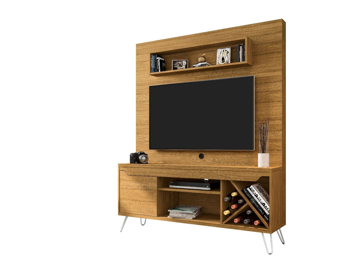 Baxter 53.54 Mid-Century Modern Freestanding Entertainment Center with Media Shelves and Wine Rack in Cinnamon