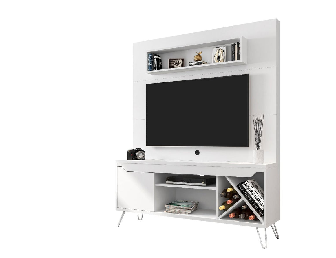 Baxter 53.54 Mid-Century Modern Freestanding Entertainment Center with Media Shelves and Wine Rack in White