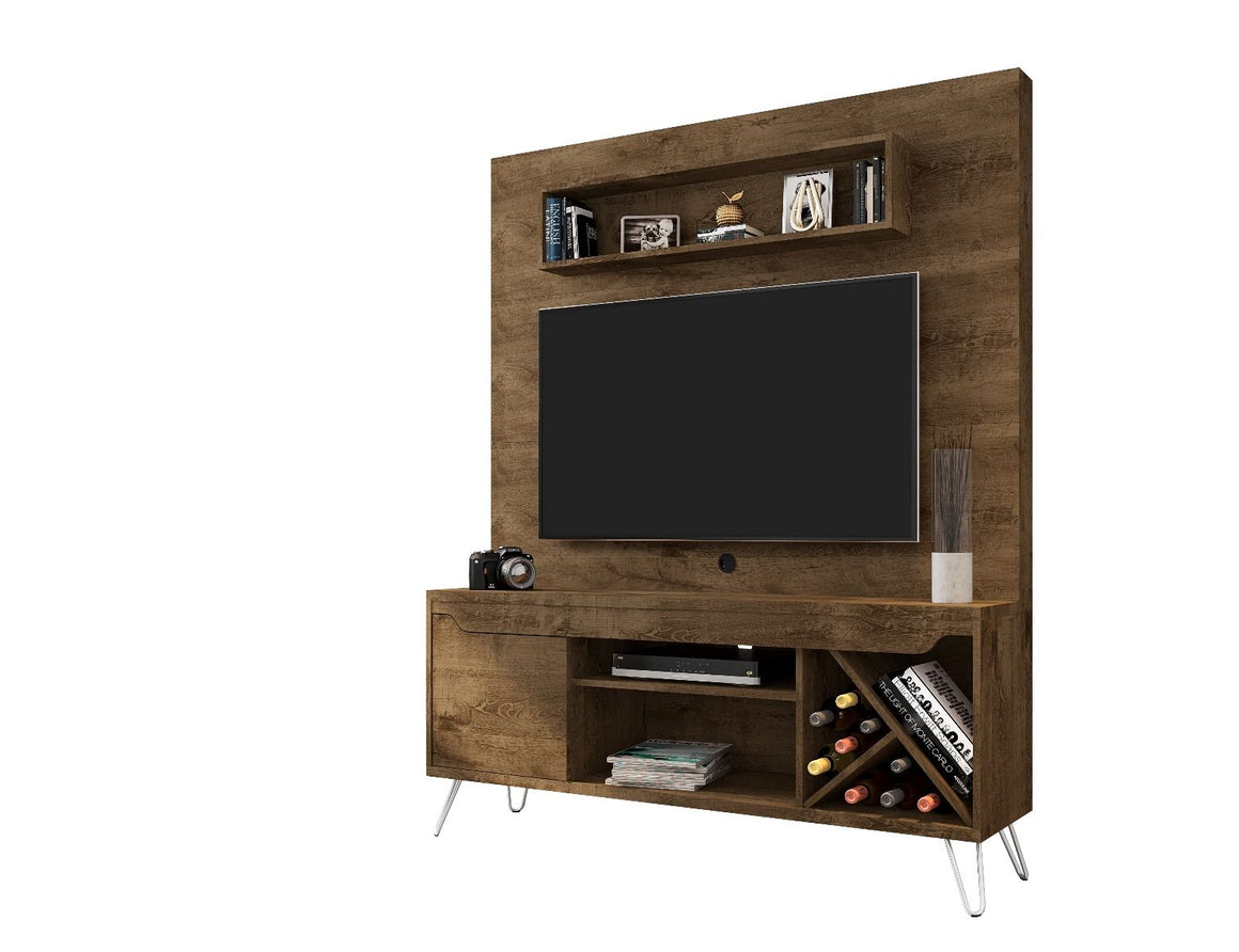 Baxter 53.54 Mid-Century Modern Freestanding Entertainment Center with Media Shelves and Wine Rack in Rustic Brown