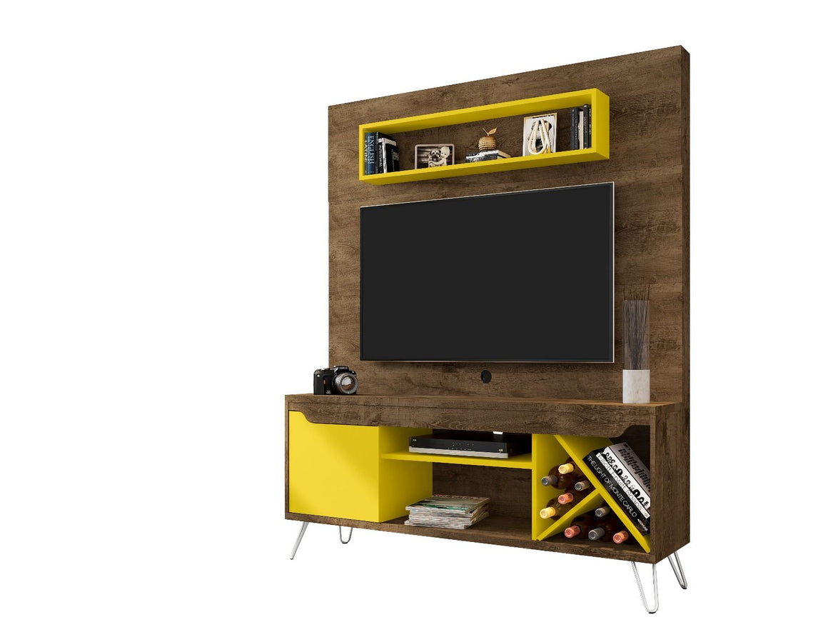 Baxter 53.54 Mid-Century Modern Freestanding Entertainment Center with Media Shelves and Wine Rack in Rustic Brown and Yellow