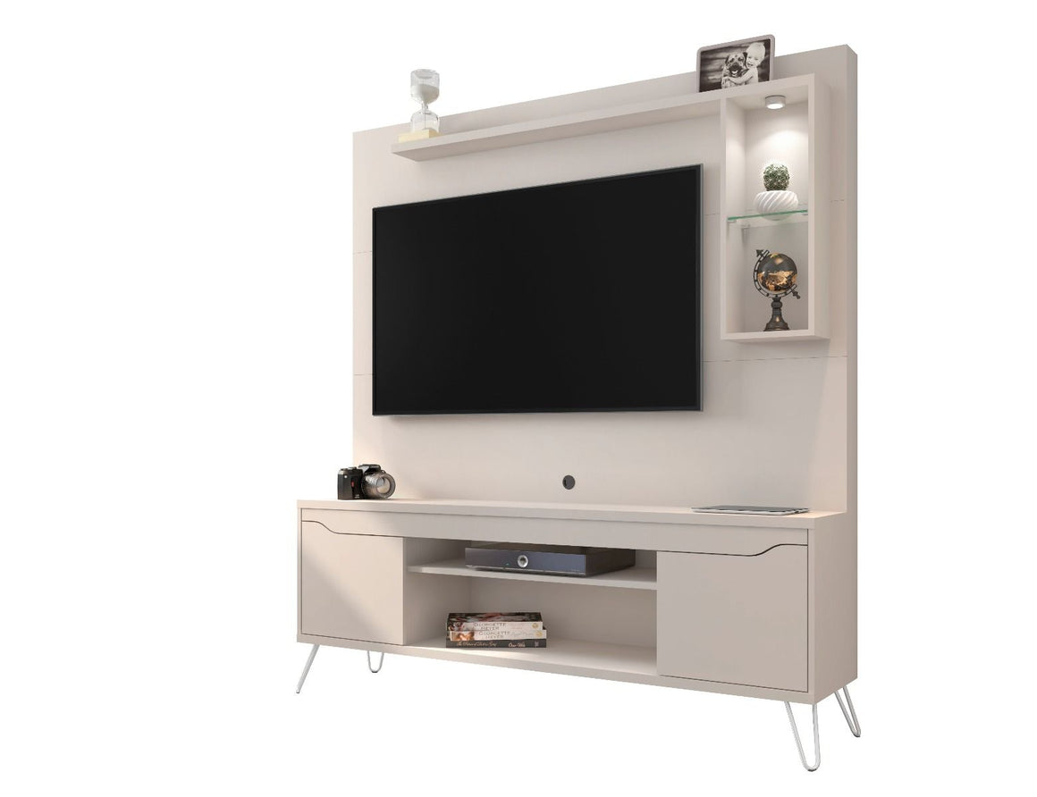 Baxter 62.99 Freestanding Mid-Century Modern Entertainment Center with LED Lights and Décor Shelves in Off White