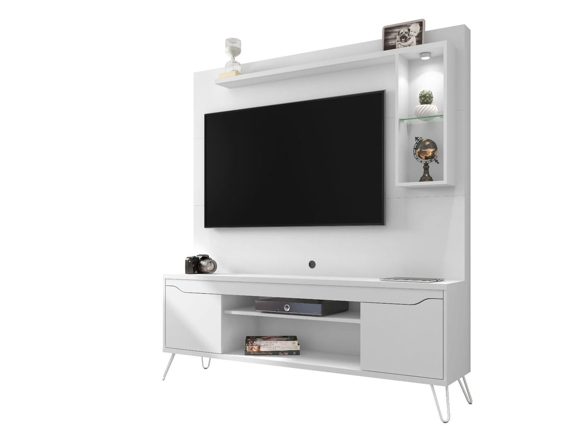 Baxter 62.99 Freestanding Mid-Century Modern Entertainment Center with LED Lights and Décor Shelves in White