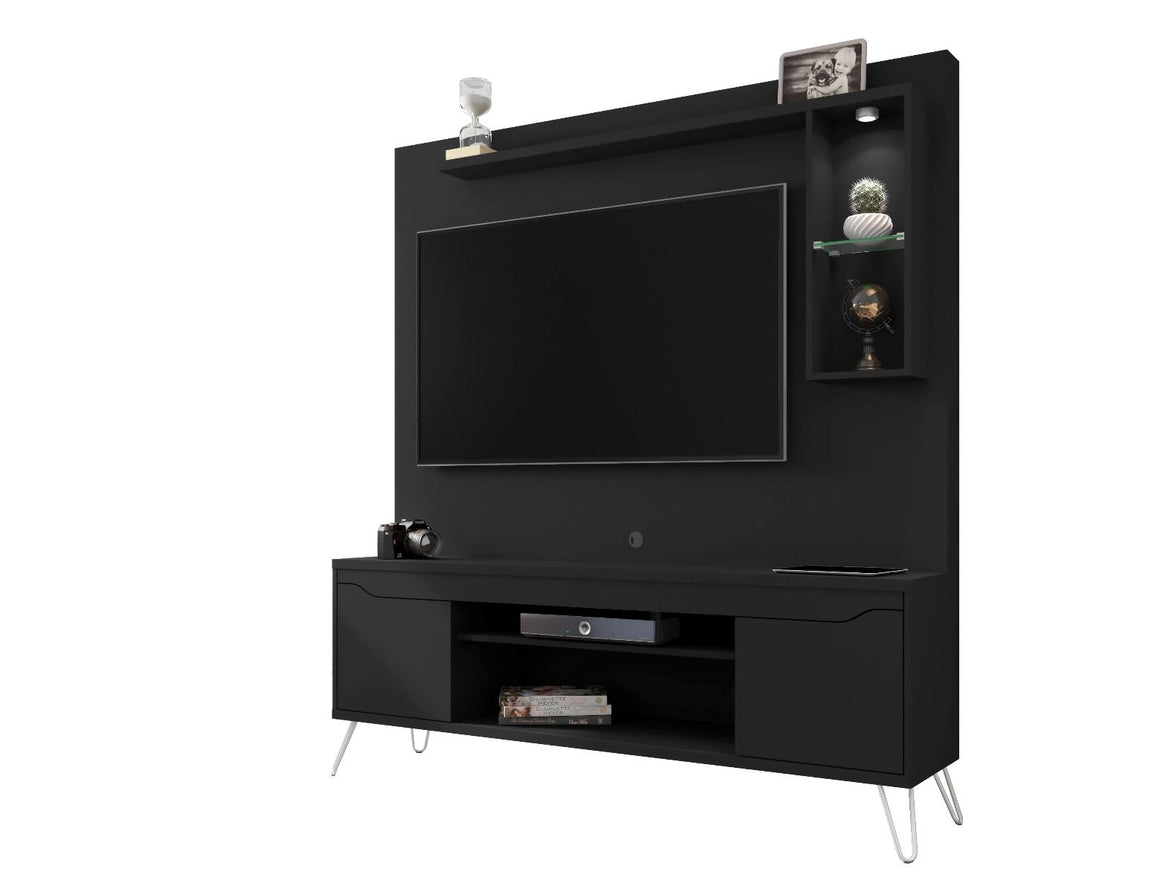 Baxter 62.99 Freestanding Mid-Century Modern Entertainment Center with LED Lights and Décor Shelves in Black