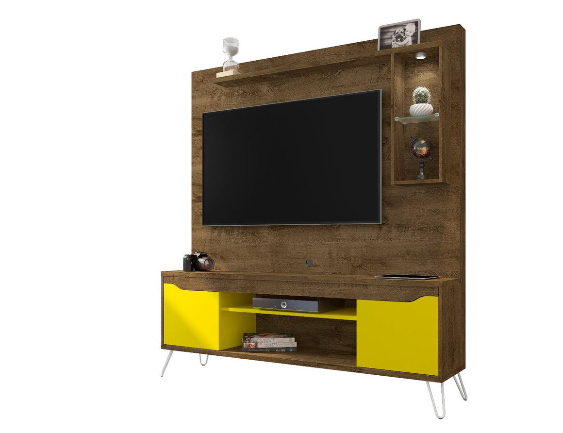 Baxter 62.99 Freestanding Mid-Century Modern Entertainment Center with LED Lights and Décor Shelves in Rustic Brown and Yellow