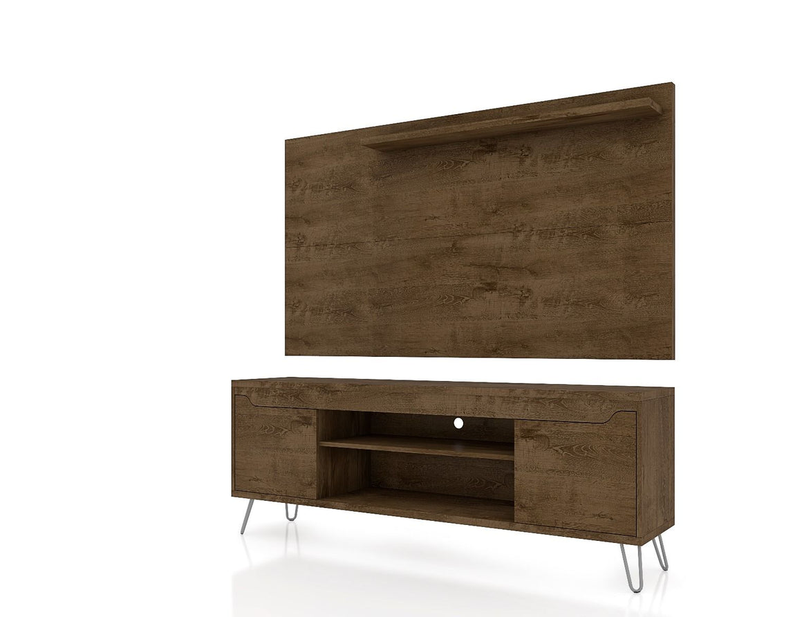 Baxter 62.99 Mid-Century Modern TV Stand and Liberty Panel with Media and Display Shelves in Rustic Brown