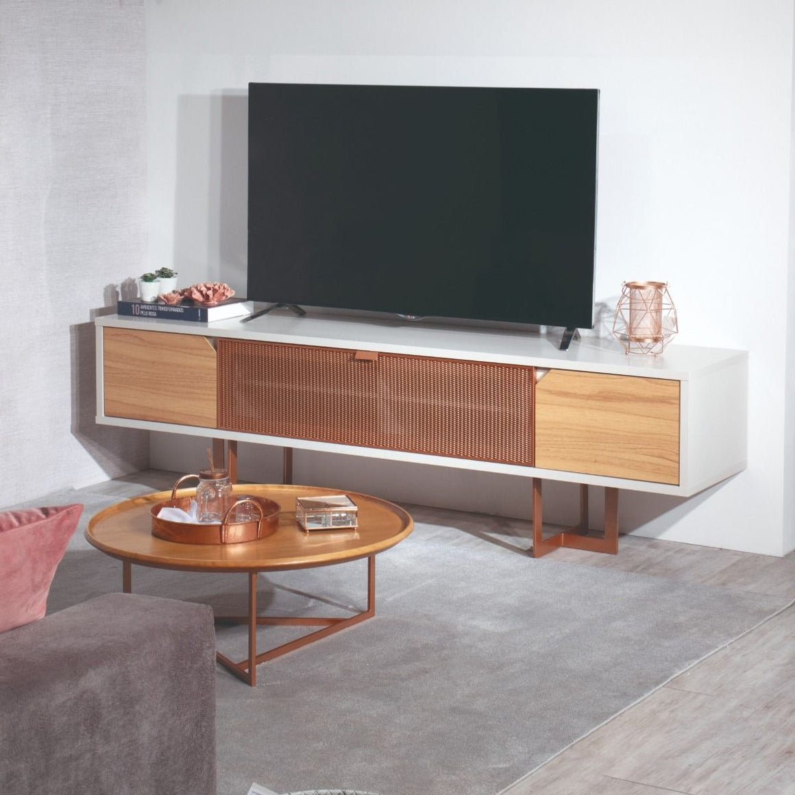 Knickerbocker 81.1 Modern TV Stand with Grated Steel Flip Down Door and Steel Base in Cinnamon and Off White