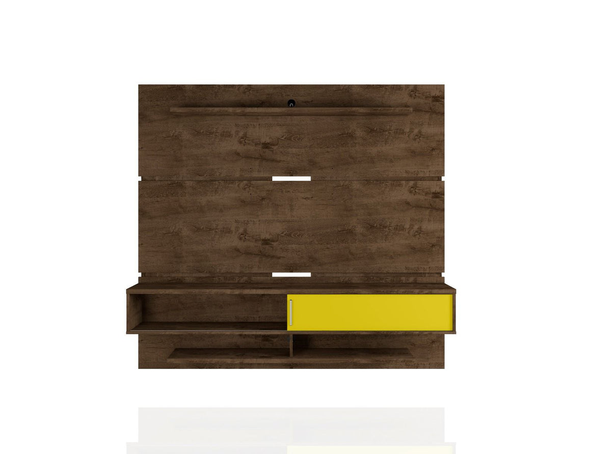 Astor 70.86 Modern Floating Entertainment Center 2.0 with Media and Décor Shelves in Rustic Brown and Yellow