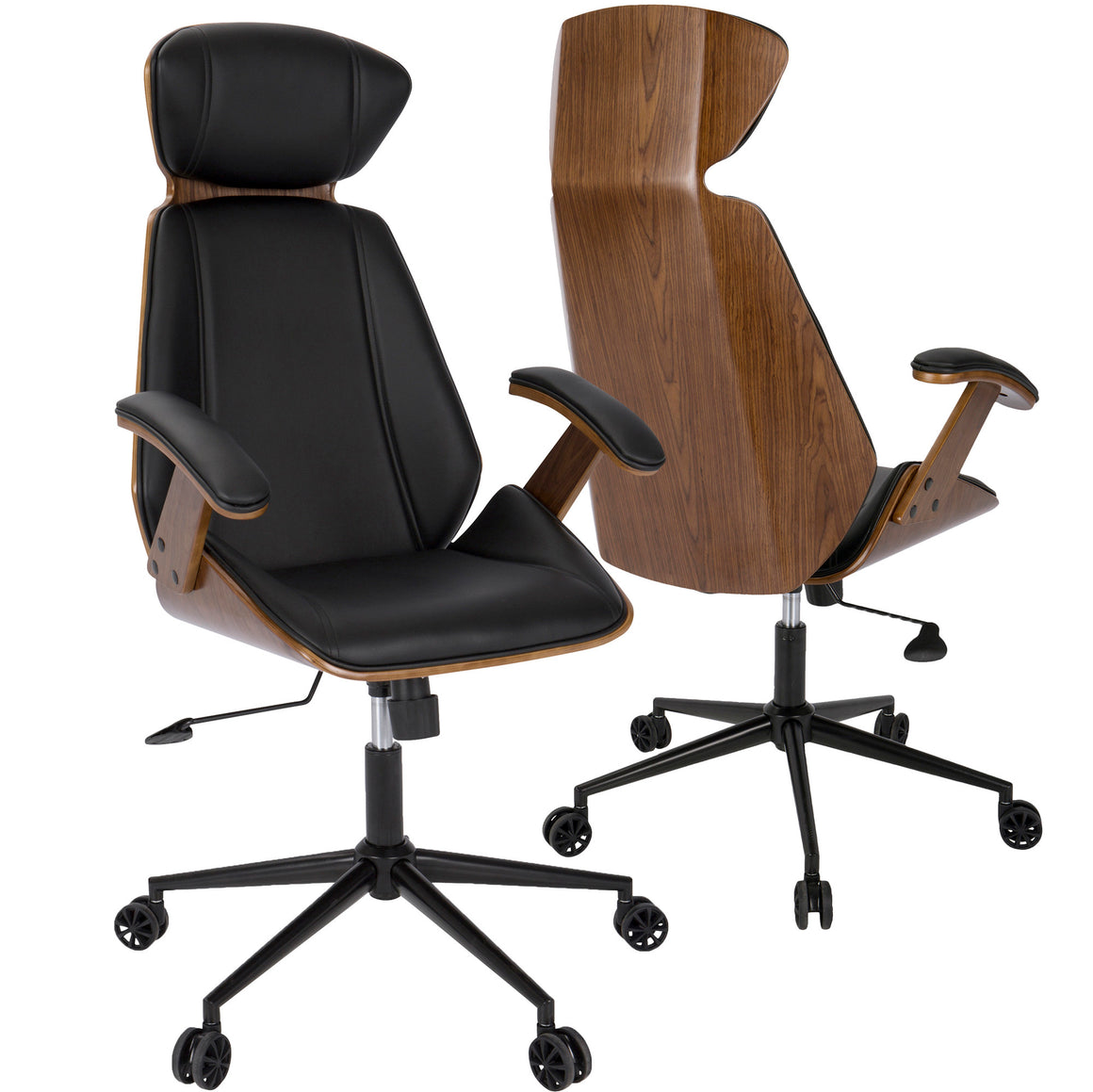 Spectre Mid-Century Modern Adjustable Office Chair in Walnut Wood and Black Faux Leather by LumiSource