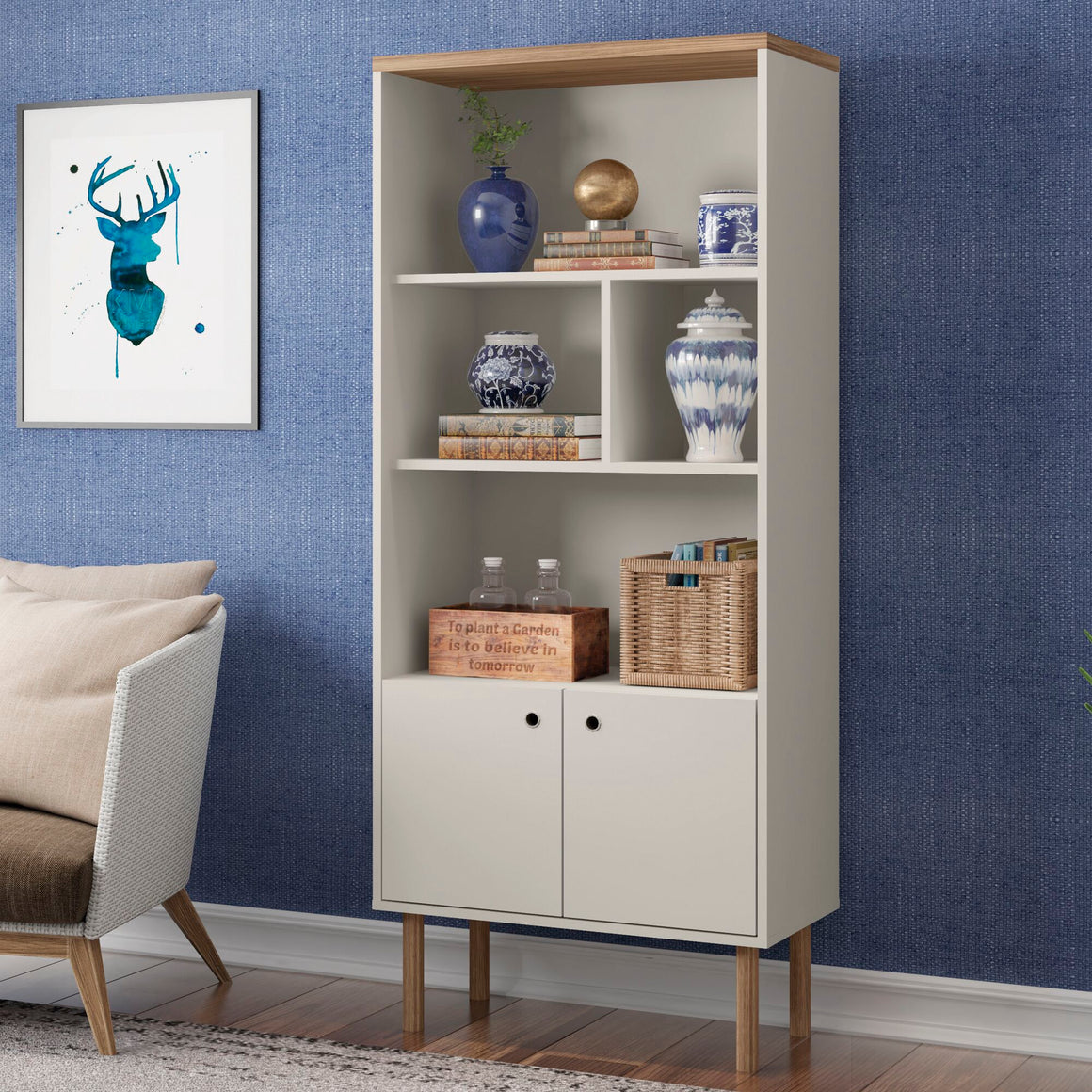 Windsor Modern Display Bookcase Cabinet with 5 Shelves in Off White and Nature