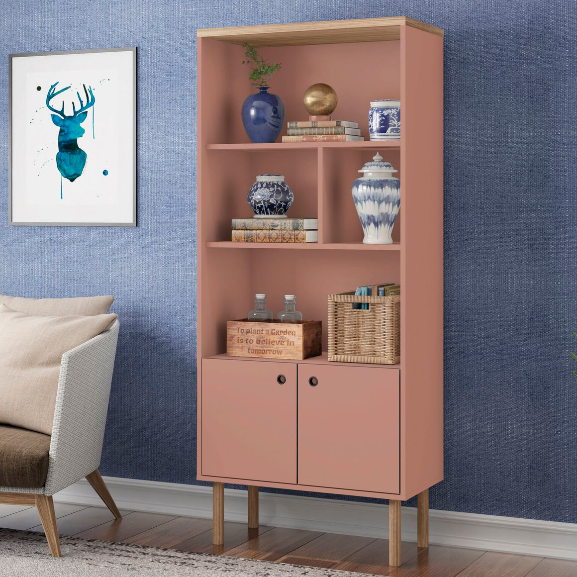 Windsor Modern Display Bookcase Cabinet with 5 Shelves in Ceramic Pink and Nature