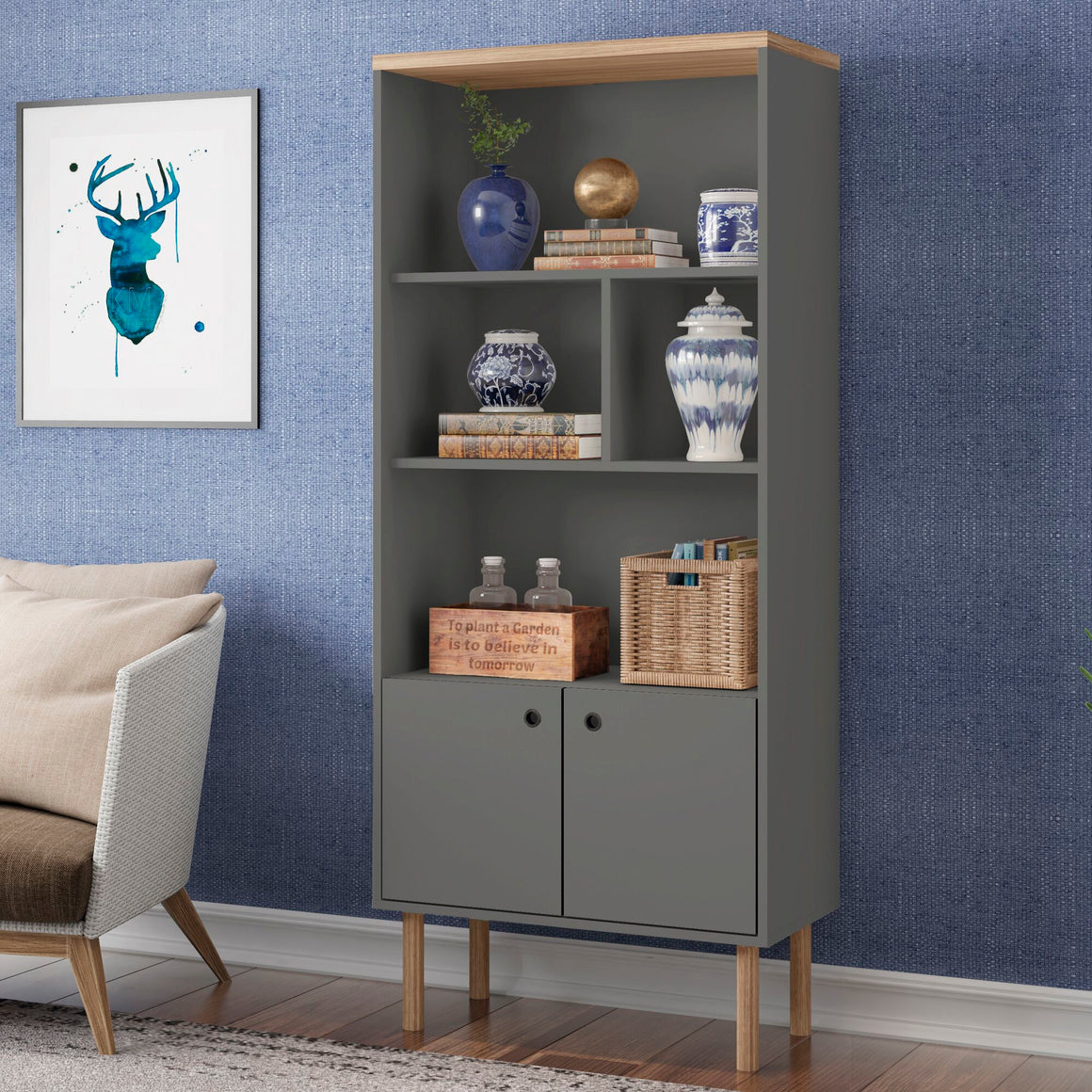 Windsor Modern Display Bookcase Cabinet with 5 Shelves in Grey and Nature