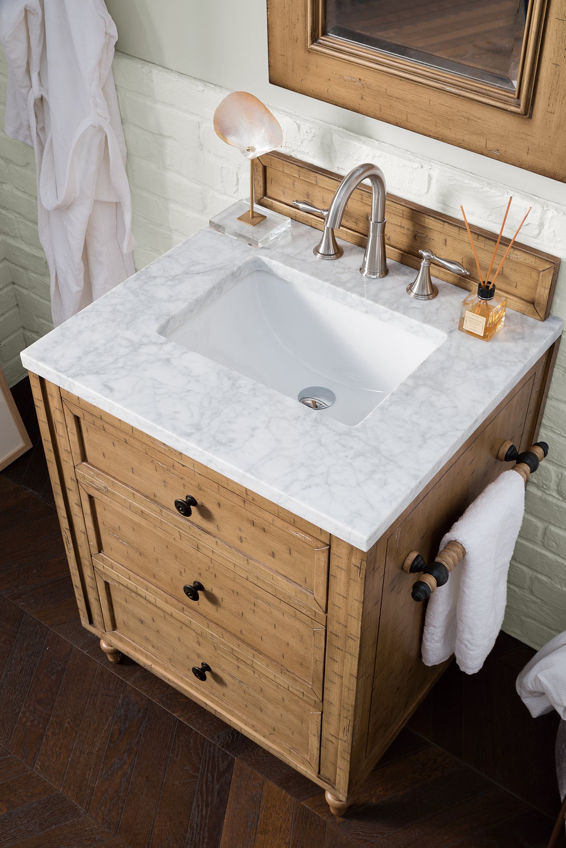 Copper Cove 26" Driftwood Patina Single Vanity with 3 CM Carrara Marble Top