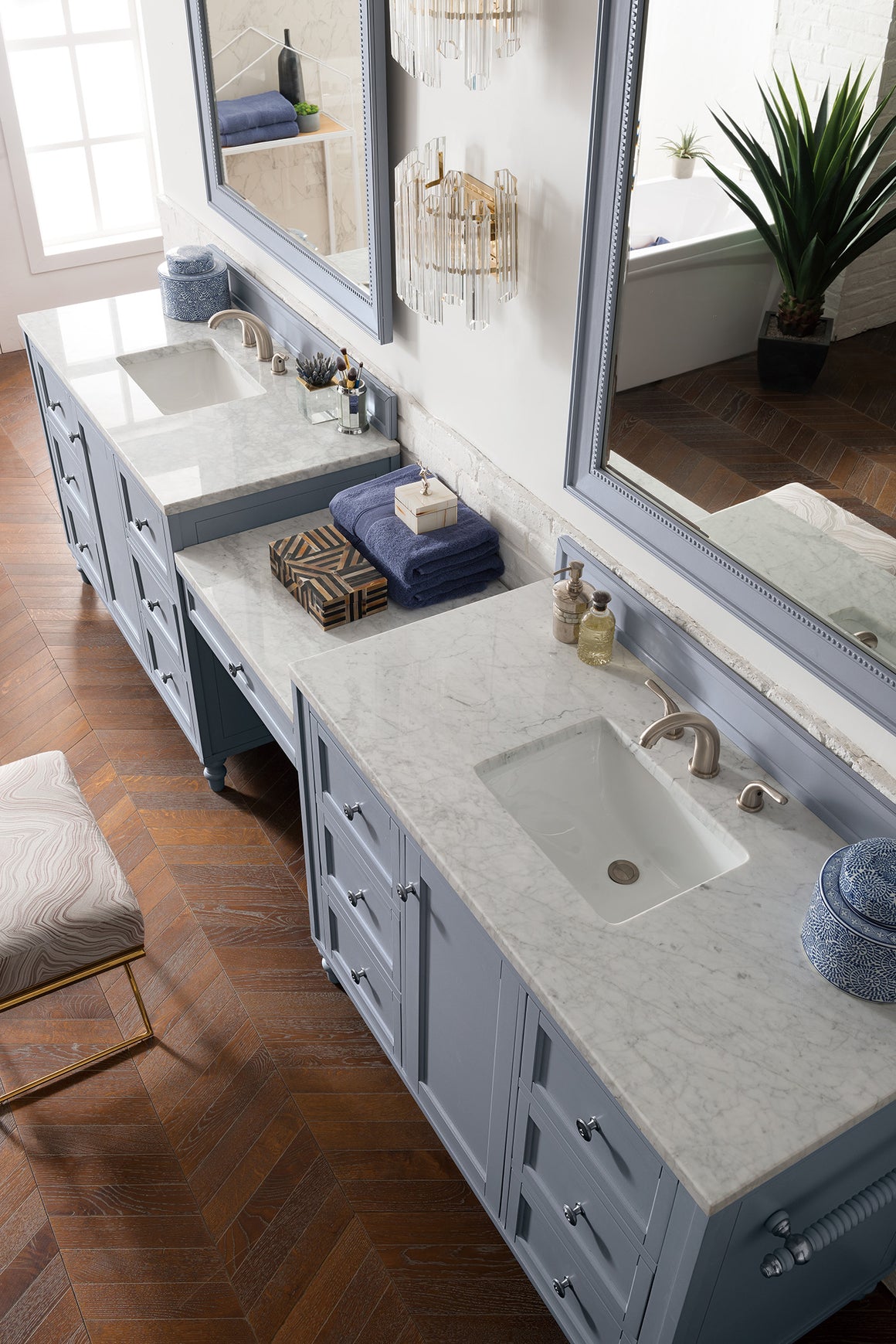 Copper Cove Encore 122" Double Vanity Set, Silver Gray with Makeup Table, 3 CM Carrara Marble Top