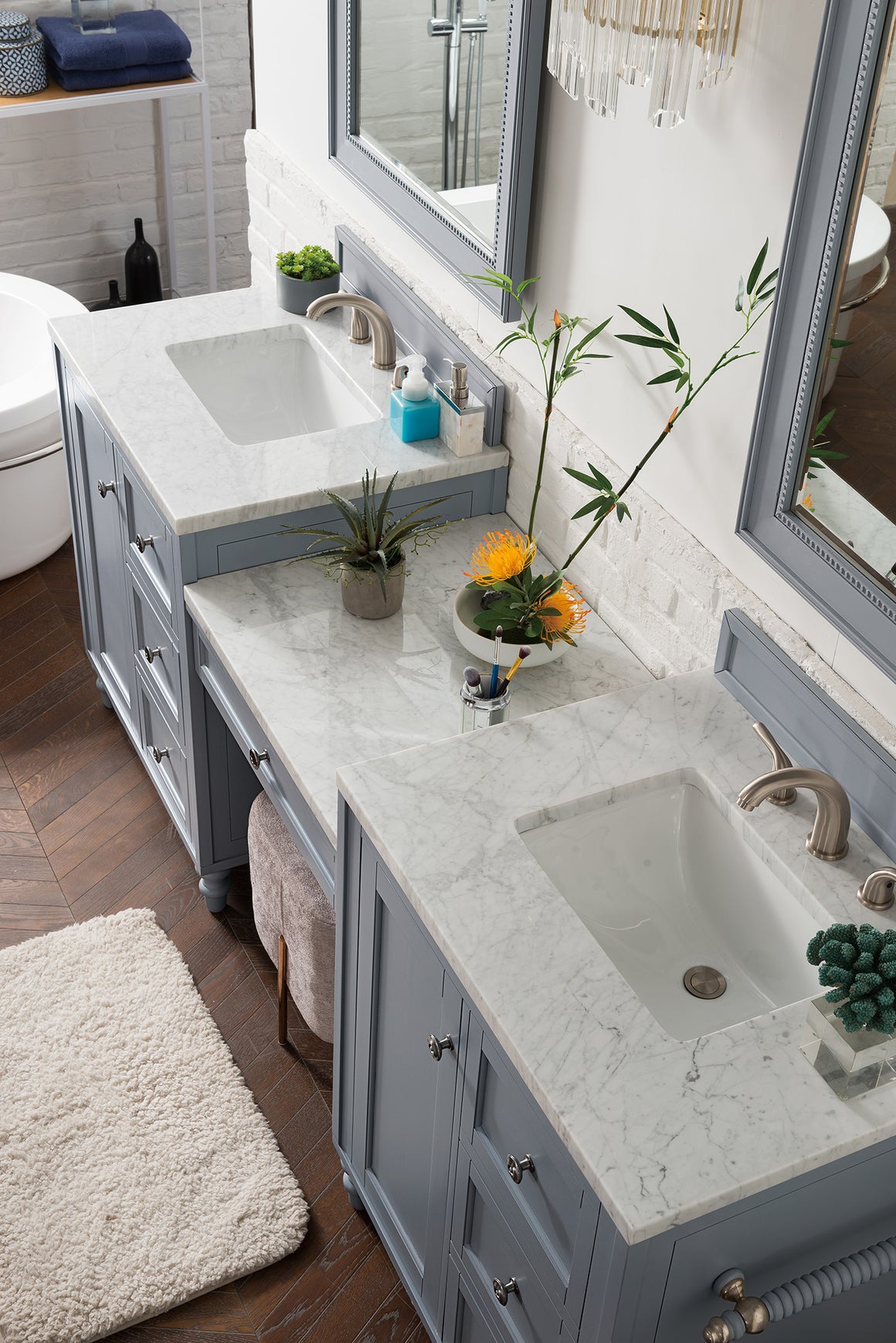Copper Cove Encore 86" Double Vanity Set, Silver Gray with Makeup Table, 3 CM Carrara Marble Top