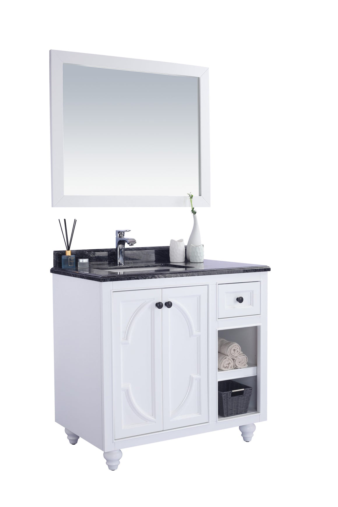 Odyssey - 36 - White Cabinet + Black Wood Marble Countertop