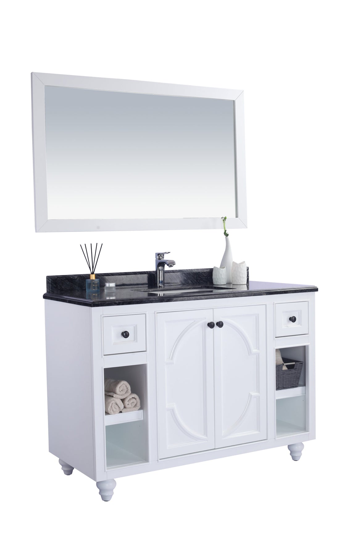 Odyssey - 48 - White Cabinet + Black Wood Marble Countertop