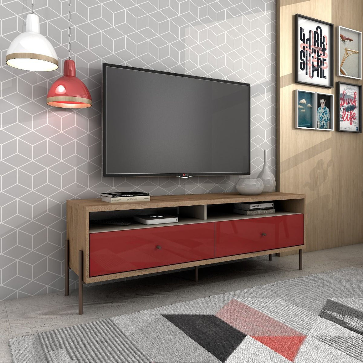 Joy 59" TV Stand with 2 Full Extension Drawers in Red and Off White