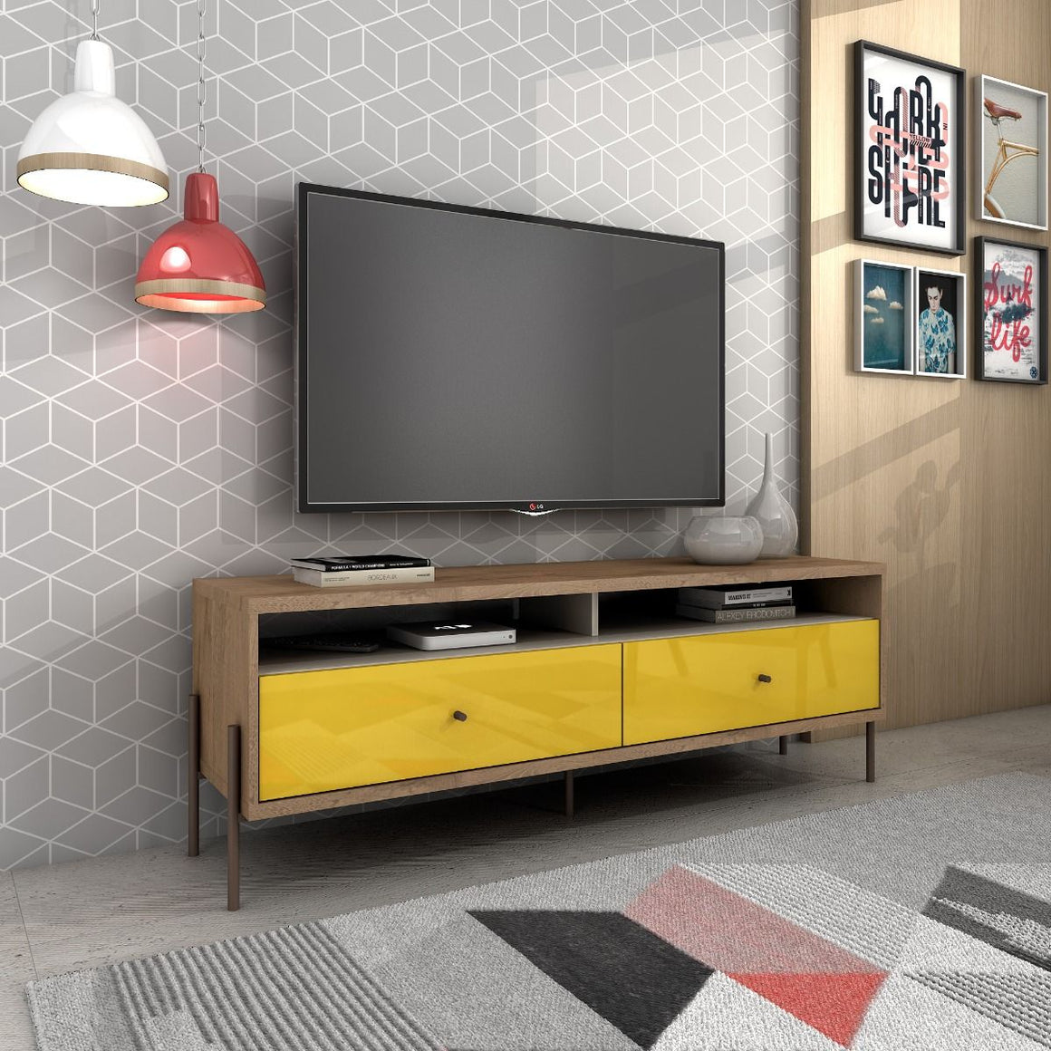 Joy 59" TV Stand with 2 Full Extension Drawers in Yellow and Off White