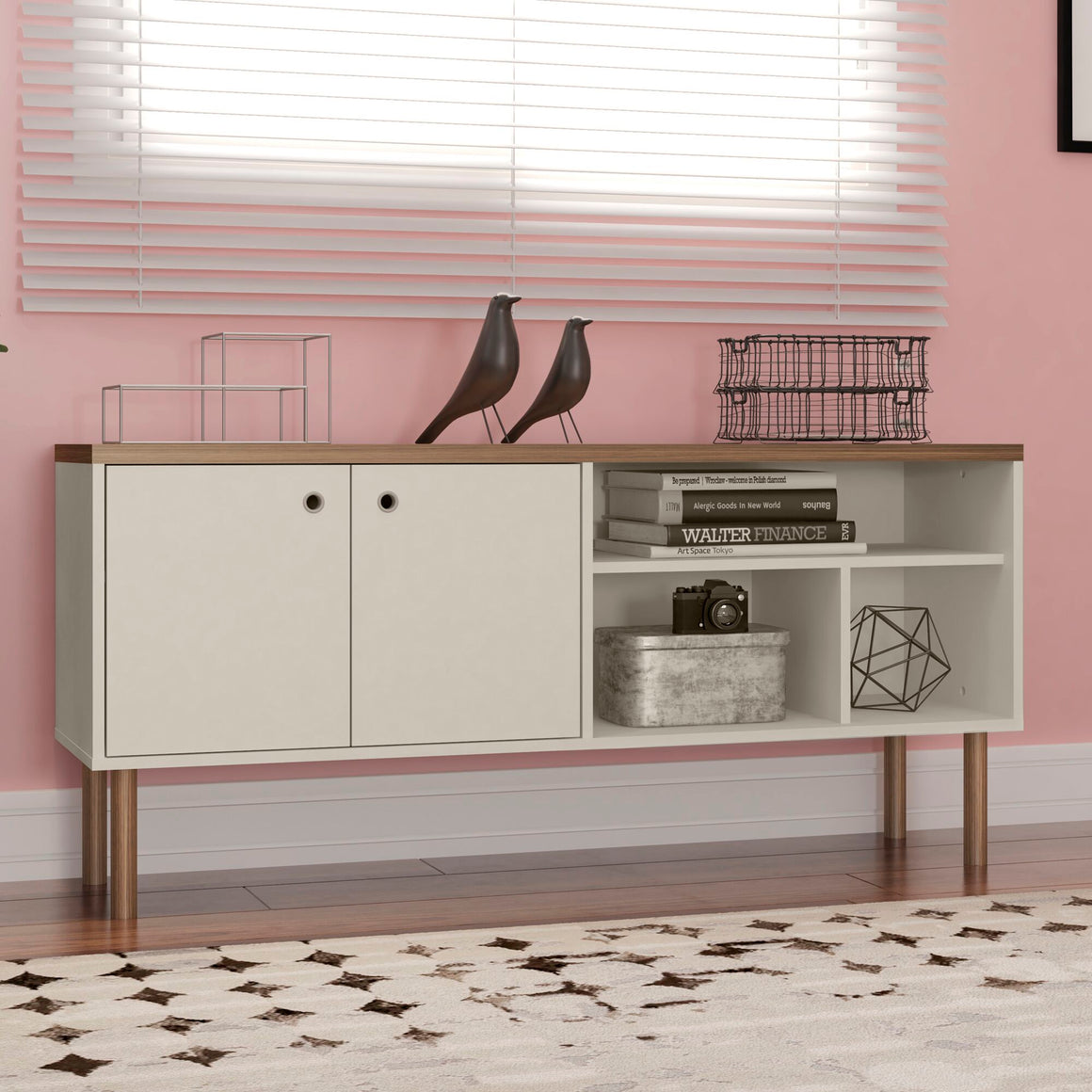 Windsor 53.54 Modern TV Stand with Media Shelves and Solid Wood Legs in Off White and Nature