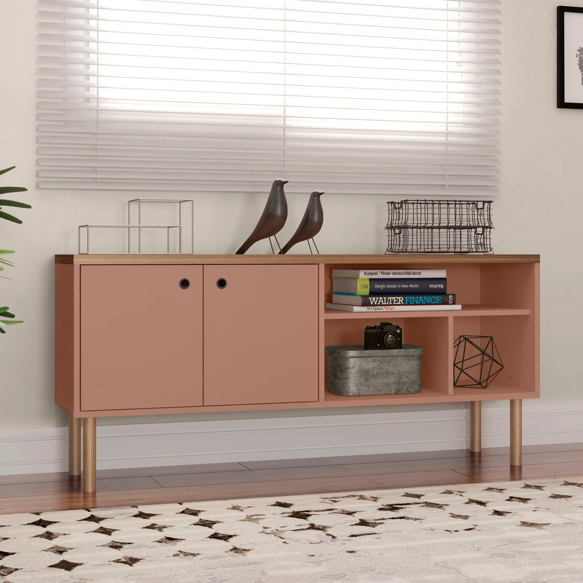 Windsor 53.54 Modern TV Stand with Media Shelves and Solid Wood Legs in Ceramic Pink and Nature