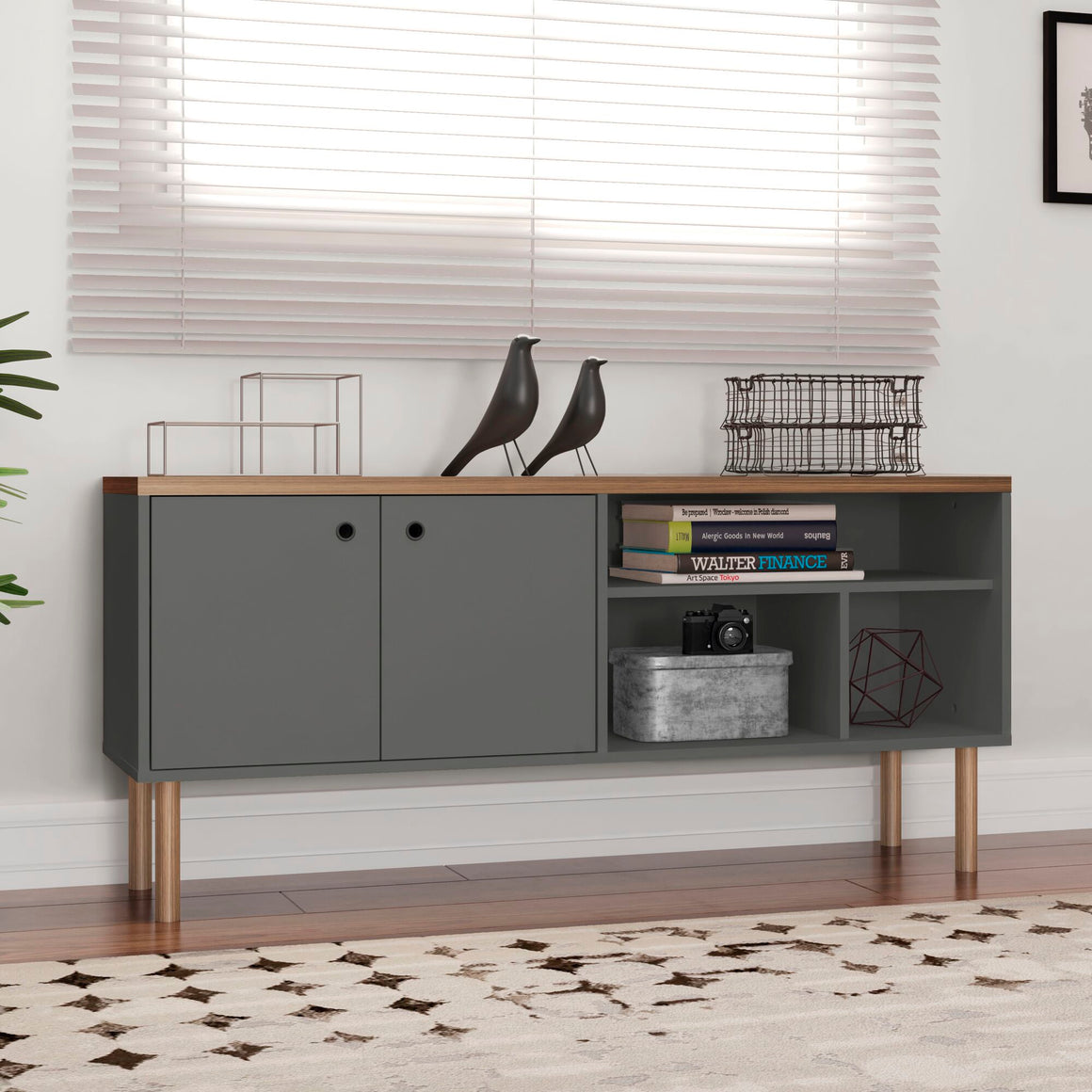 Windsor 53.54 Modern TV Stand with Media Shelves and Solid Wood Legs in Grey and Nature