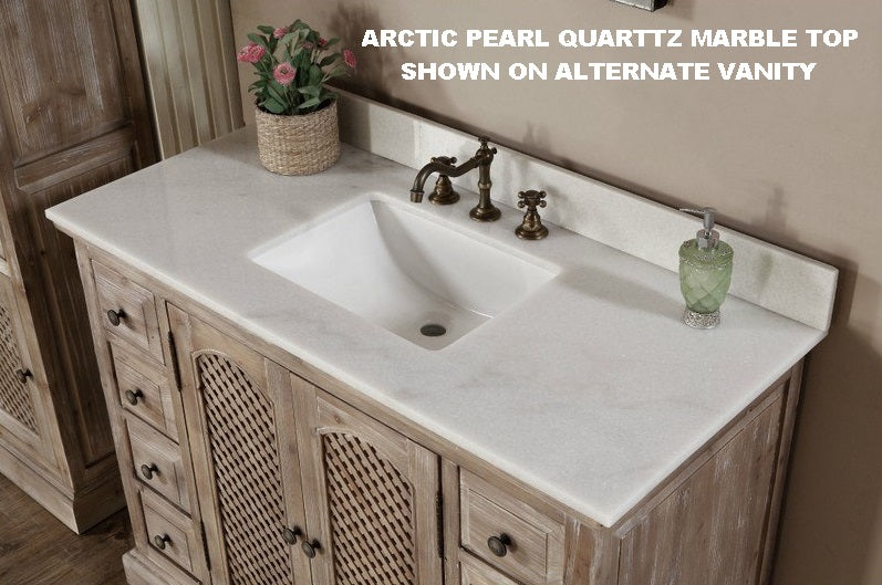 48"RUSTIC SOLID FIR BARN DOOR STYLE SINGLE SINK VANITY IN WHITE WASH WITH ARCTIC PEARL  QUARTZ MARBLE TOP-NO FAUCET