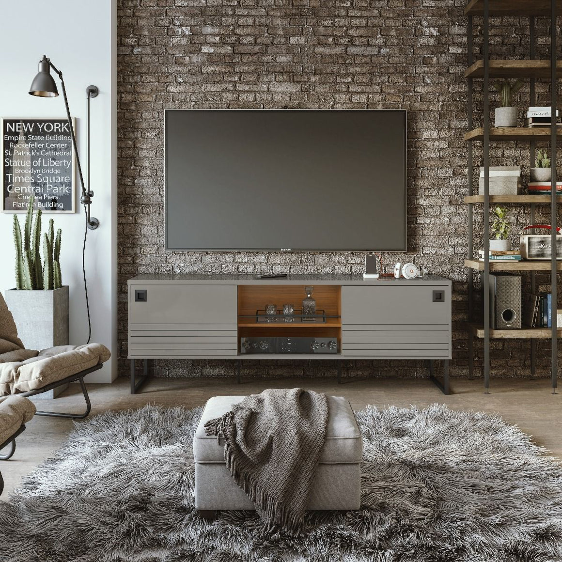 Loft 70.47 Modern TV Stand with Media Shelves and Steel Legs in Grey and Wood