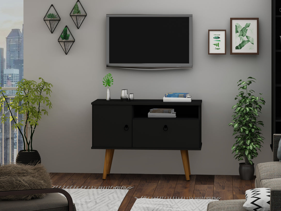 Tribeca 35.43 Mid-Century Modern TV Stand with Solid Wood Legs in Black