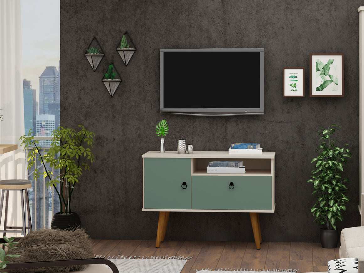 Tribeca 35.43 Mid-Century Modern TV Stand with Solid Wood Legs in Off White and Green Mint