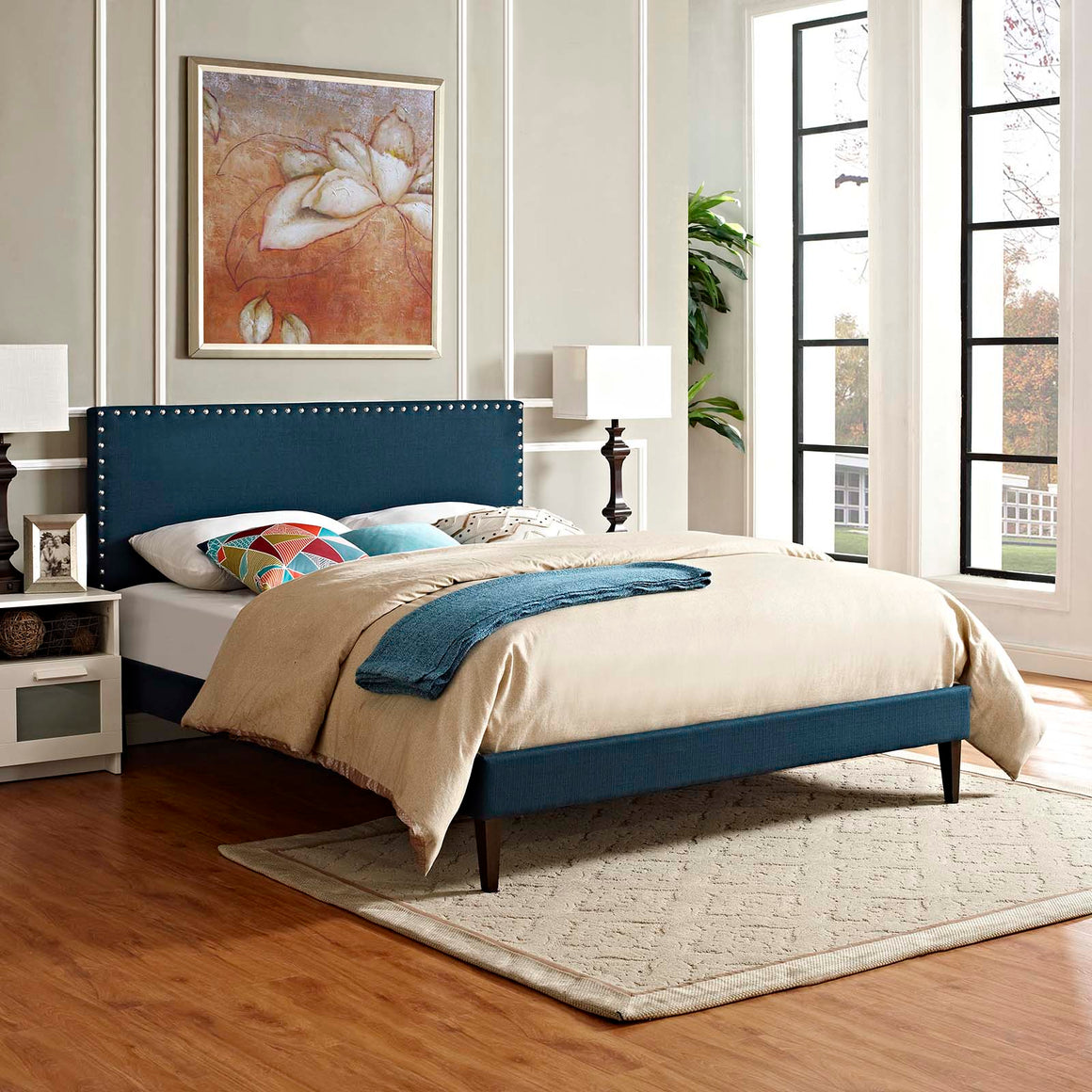 Macie Fabric Platform Bed with Squared Tapered Legs Azure