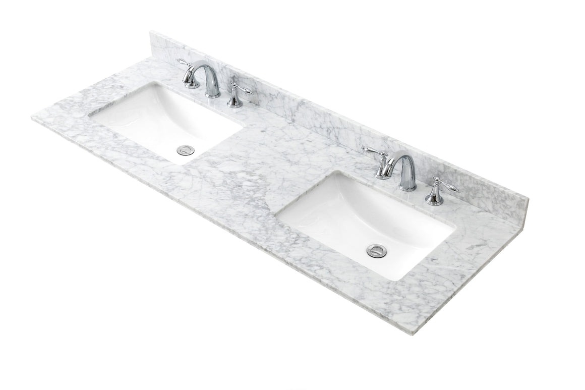 60" Solid Recycled Fir Double Sink Vanity With Rectangular Sink Carrara White Marble Top-No Faucet