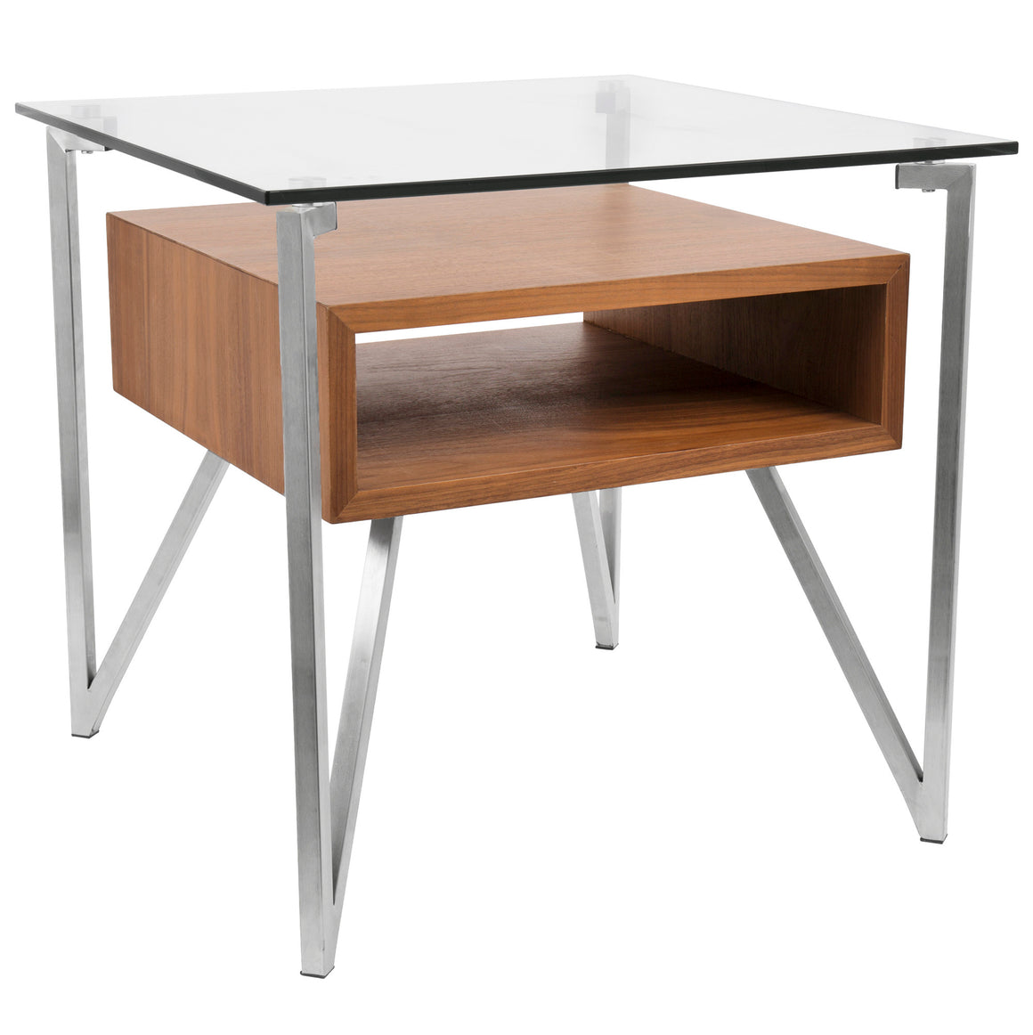 Hover Contemporary End Table with Brushed Stainless Steel Frame, Walnut Wood Shelf, and Clear Glass Top by LumiSource