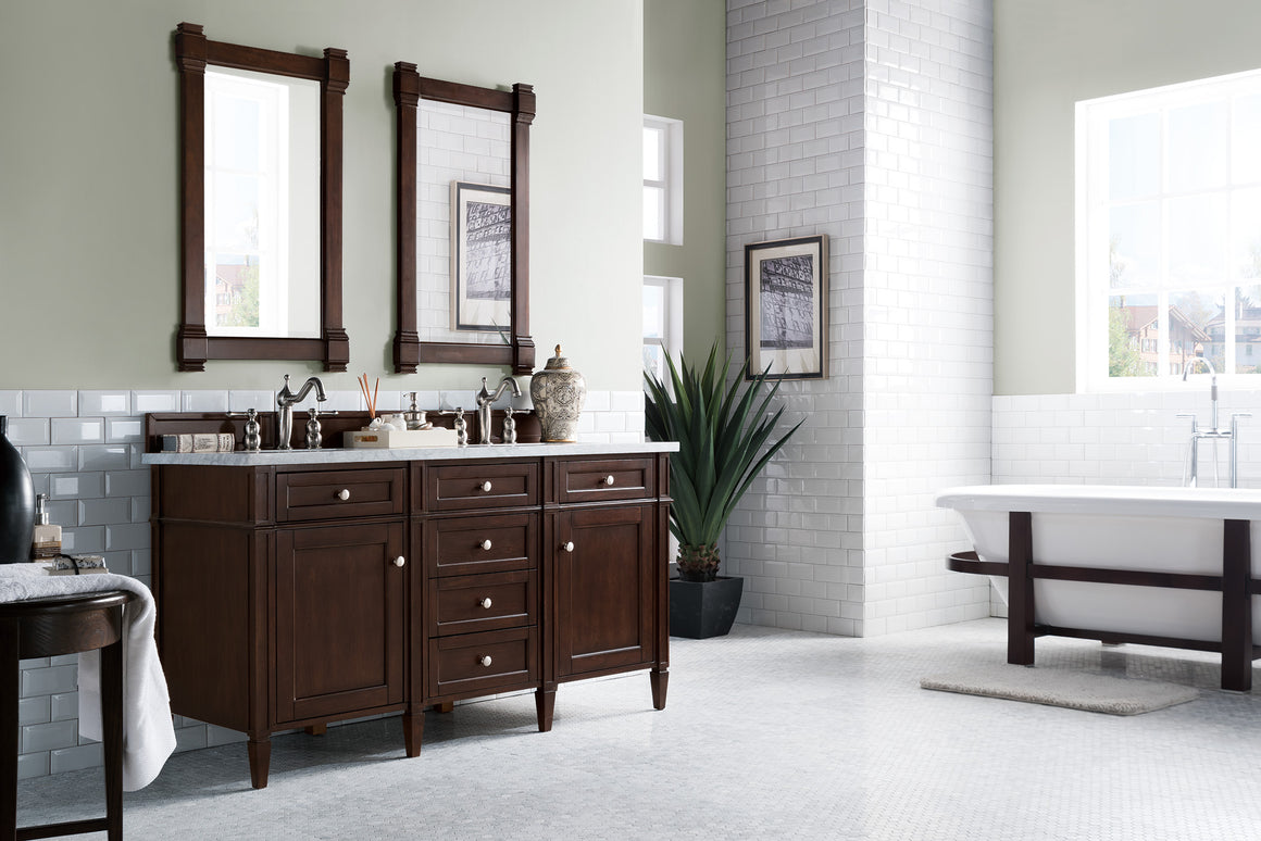 Brittany 60" Burnished Mahogany Double Vanity with 3 CM Carrara Marble Top