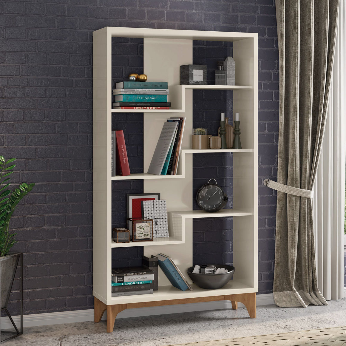 Gowanus Geometric Modern Bookcase with 4 Shelves in Off White